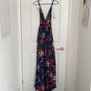 Luxxel Long Navy Floral Dress spaghetti straps